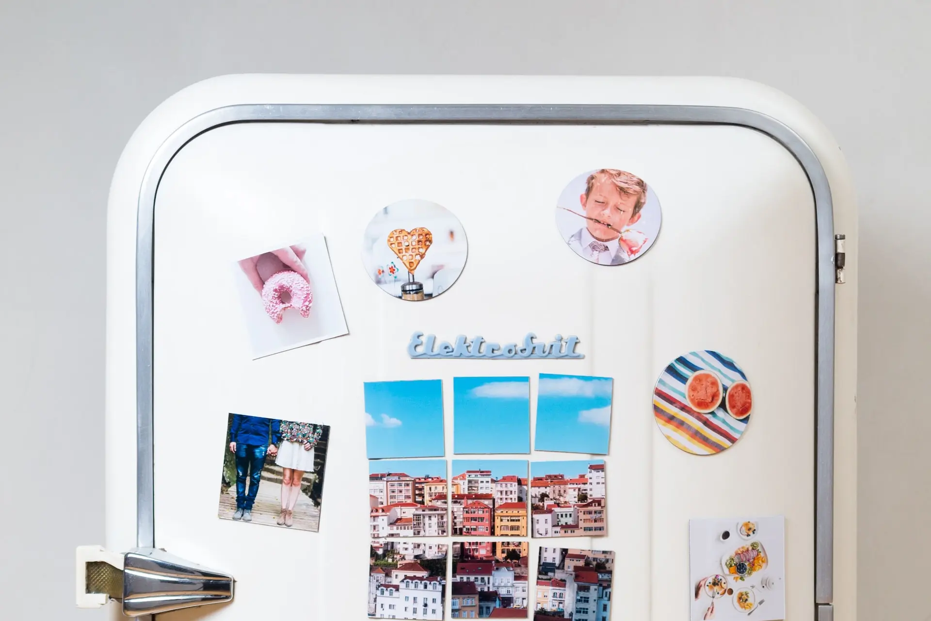 assorted-type photos stick on white single-door refrigerator